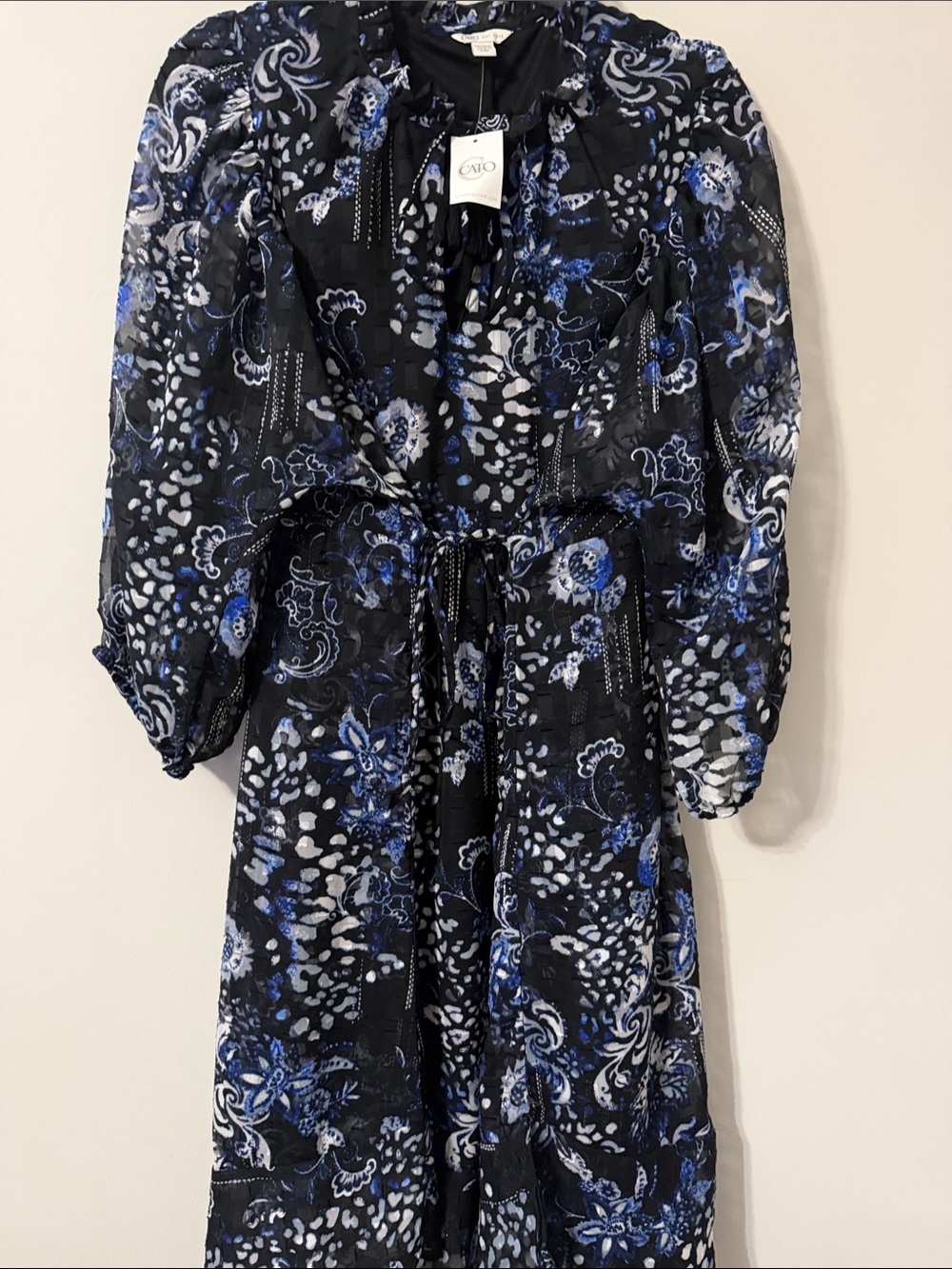 Cato Black Floral-Print Long Sleeve Midi Dress with Blue and White Accents